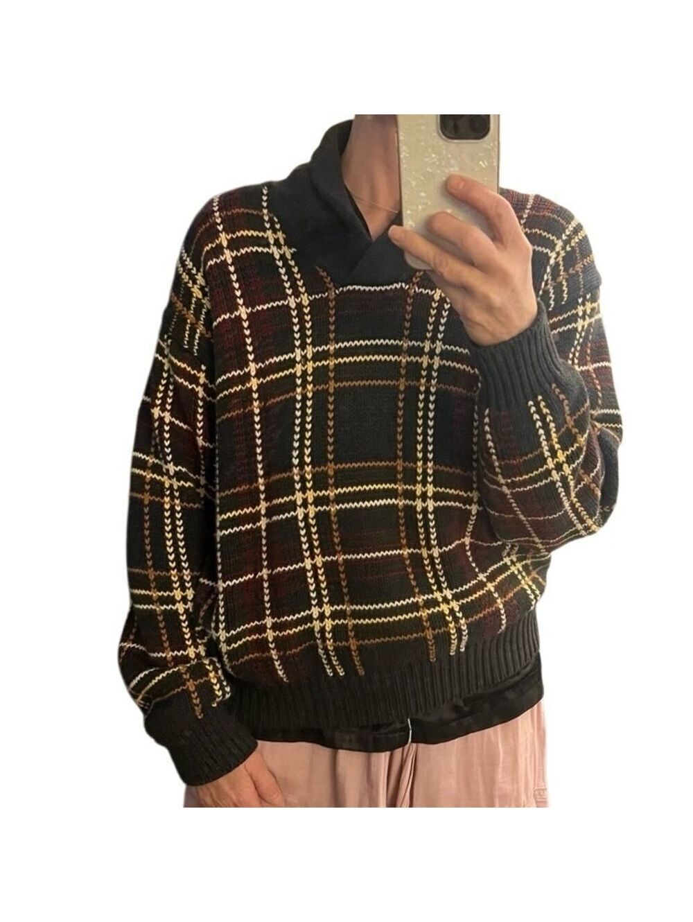 Plaid Sweater Babe Didrikson Shawl Neck 1/4 pullover Black Brown Cotton Vtg  L